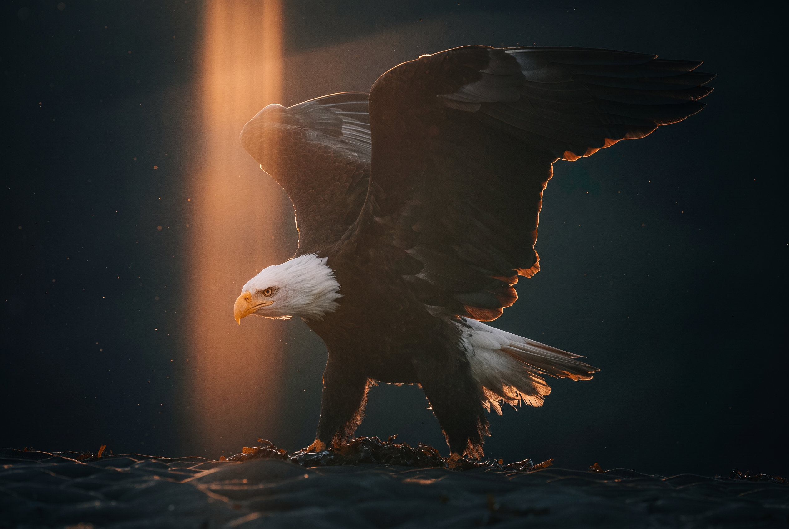 Bald eagle spreading its wings in golden backlight